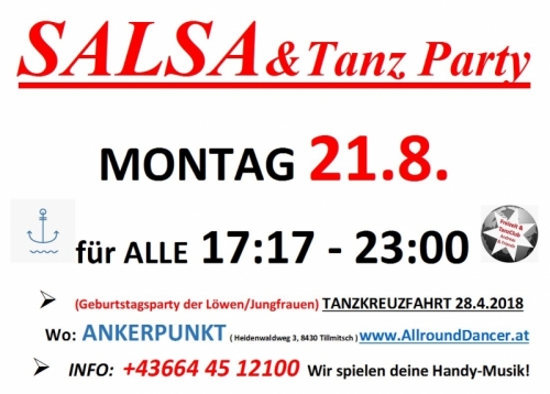 Ankerpunkt Salsa Discofox 21.8 mit Geburtstag 21.8. Ballroom Party Mo ab 17h Tanzkreuzfahrt